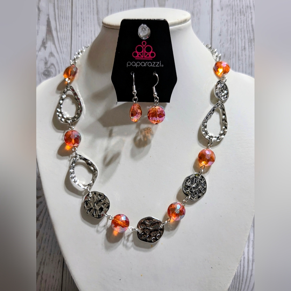 Paparazzi Orange Crystal & Silver Statement Necklace Set